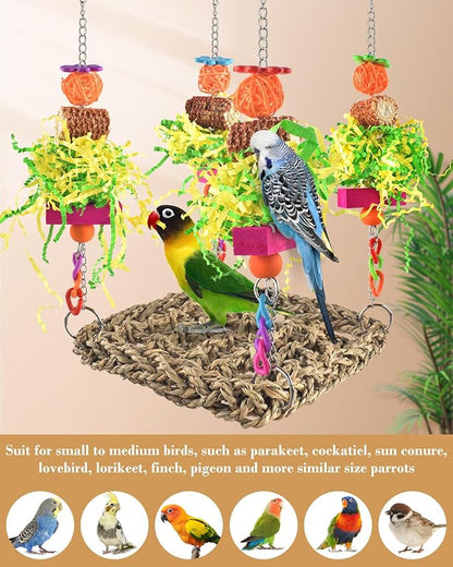 ERKOON Conure Toys, Bird Cockatiel Toys Foraging Swing Mat Parrot Climbing Hammock Wall with Colorful Toys for Birds Shredding Seagrass, Birds Cage Toy Accessories