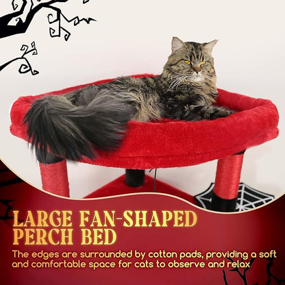 Globlazer Gothic Corner Cat Tree Tower with Scratching Post for Indoor Cats, 51inch Goth Cat Condo Tower with Large Hammock, Fan-Shaped Padded Perch, Spacious Cat Cave, Hanging Basket, C51, Red Black