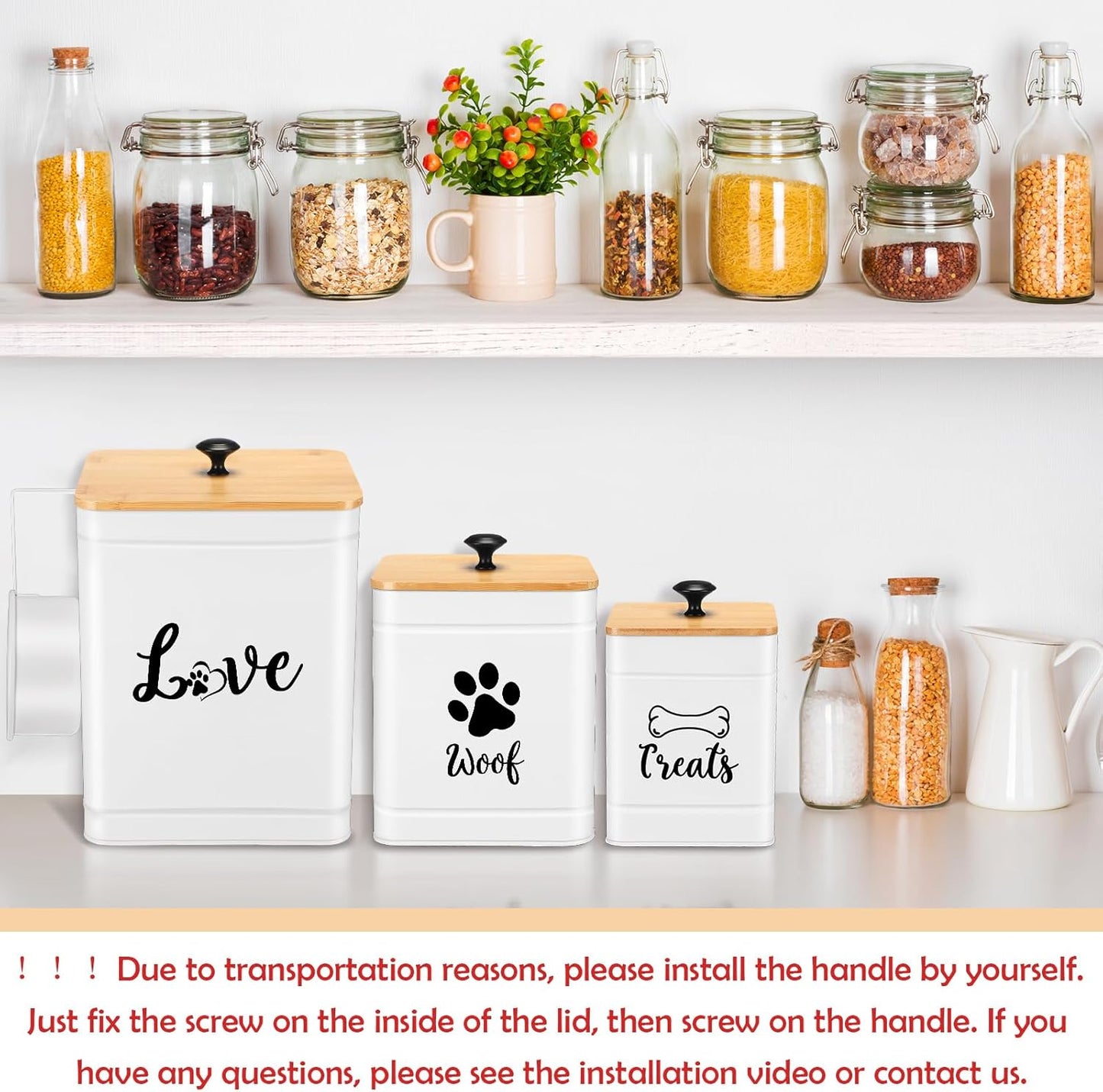 Metal Dog Treat Containers Set of 3 with Bamboo Lids and Spoon Airtight 7+3+2 lbs Dog Food Snack Jars with DIY Labels Big Pet Cookie Storage Jar for Kitchen Counter(White,Modern)