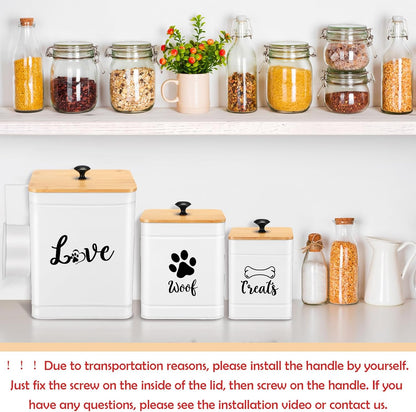 Metal Dog Treat Containers Set of 3 with Bamboo Lids and Spoon Airtight 7+3+2 lbs Dog Food Snack Jars with DIY Labels Big Pet Cookie Storage Jar for Kitchen Counter(White,Modern)