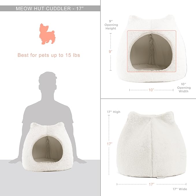 Best Friends by Sheri Meow Hut Fur Dome Pet Bed – Covered Cat Cave for Cats & Small Dogs up to 15 lbs, Faux Fur Hideaway with Water-Resistant Bottom, Machine Washable, Ivory