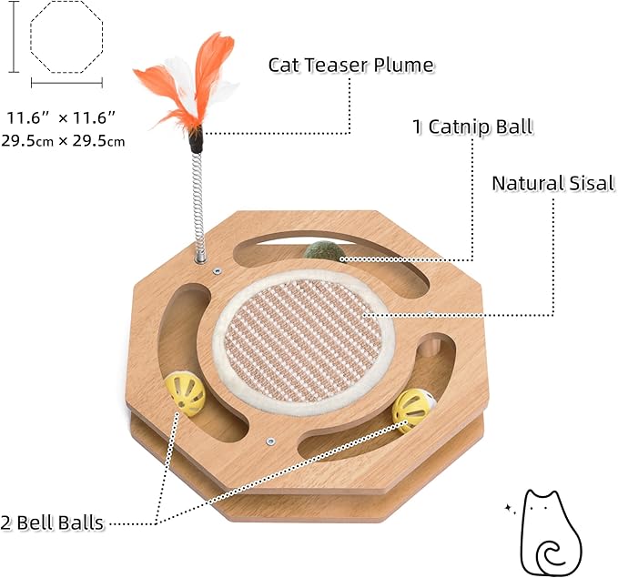 Interactive Toy Cat Scratcher, Sisal Scratching Pad, Kitten Toy Wood with Bell Ball Track, Feather Teaser for Mental Physical Exercise Puzzle