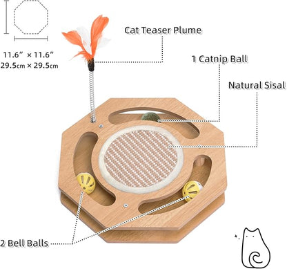 Interactive Toy Cat Scratcher, Sisal Scratching Pad, Kitten Toy Wood with Bell Ball Track, Feather Teaser for Mental Physical Exercise Puzzle