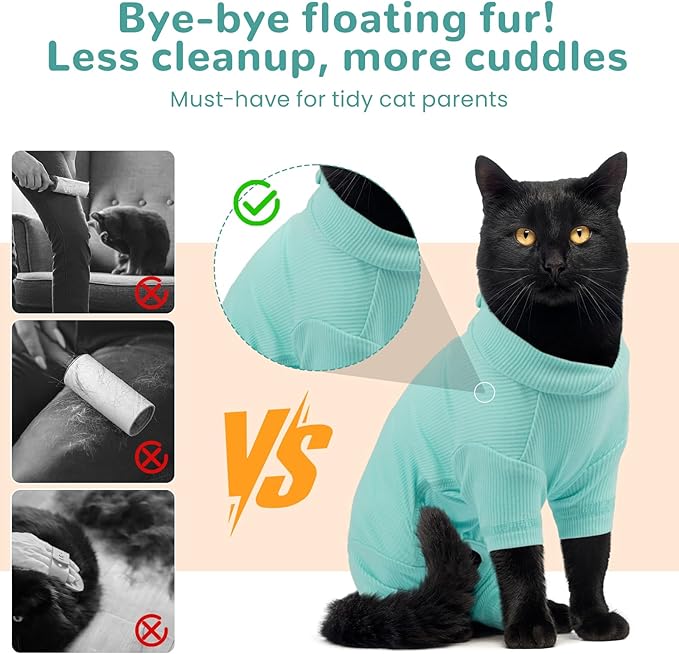 Sticky Hair Cat Clothes, Breathable & Lightweight, Reduces Shedding Fur Pajamas, Full Body Long Sleeve Surgical Bodysuit, Stop Licking & Shedding,Blue,L