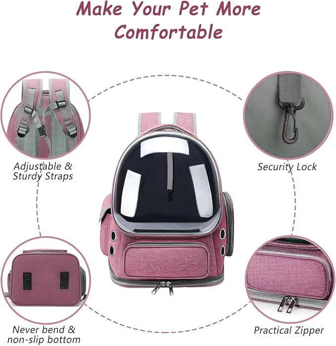 Cat Carrier with Groomer, Breathable Cat Bubble Carrier for Cats or Small Dogs up to 20 lbs, Collapsible Airline Approved, Clear Cat Travel Backpack (Pink)
