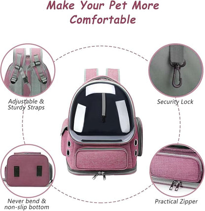 Cat Carrier with Groomer, Breathable Cat Bubble Carrier for Cats or Small Dogs up to 20 lbs, Collapsible Airline Approved, Clear Cat Travel Backpack (Pink)