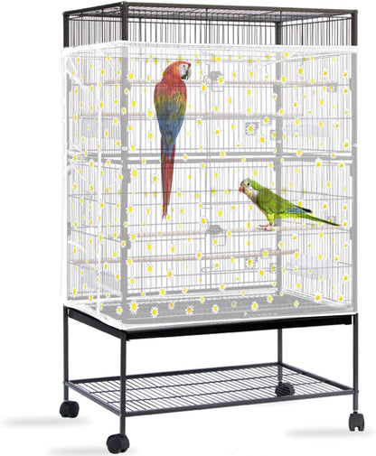 Daoeny Bird Cage Seed Catcher, Large Bird Cage Cover, Adjustable Soft Airy Nylon Mesh Net, Birdcage Cover Skirt Seed Guard for Parrot Parakeet Macaw African Round Square Cages (White, Daisy Design)