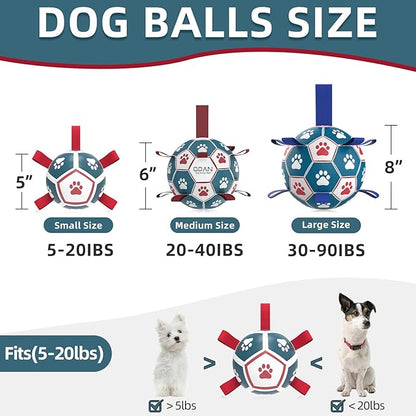 QDAN Dog Toys Soccer Ball with Straps, Outdoor Toys for Tug of War, Puppy Birthday Gifts, Dog Water Toy, Durable Balls for Small Dogs - Blue Red（5 Inch）