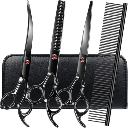 Professional Dog Grooming Scissors Set Stainless Steel Dog Grooming Kit - Thinning, Curved Scissors and Comb for Cat Pet (Black 5 in1)