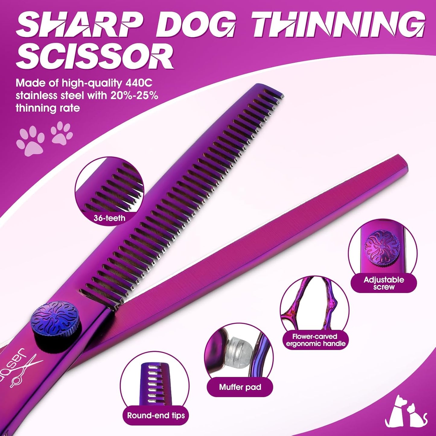 JASON Professional 6 in 1 Dog Shears Kit - 6.5" Thinning, 7" Straight, 7" Up-Curved, 7" Down-Curved Scissors and Comb for Cat, Pet with Adjustable Screw (Purple)