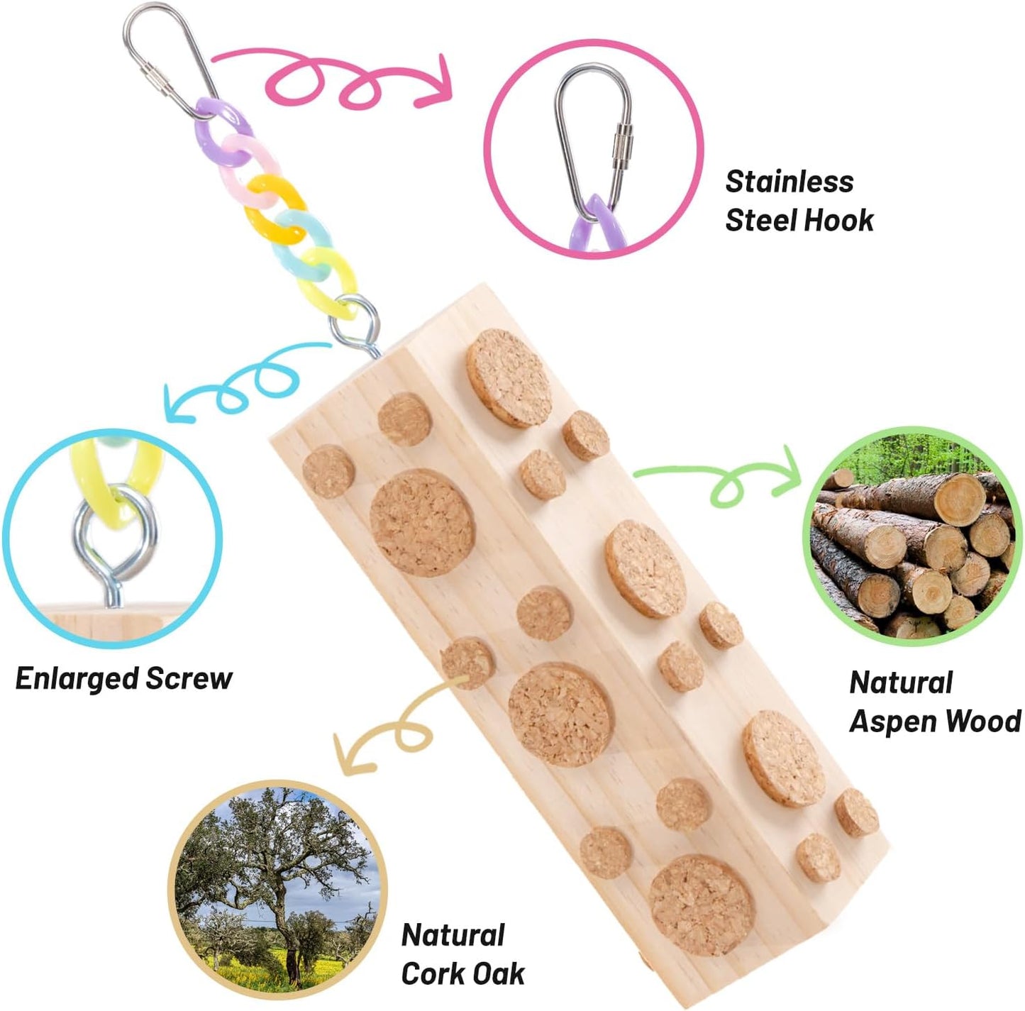 2 Pcs Wooden Bird Chew Toys - 7.9 Inch Hanging Parrot Toys, with 92 Detachable Corks, Relieve Boredom & Anxiety, Foraging Toys, for Parakeet, Cockatiel, Conure, Budgie, Lovebird, African Grey Parrot