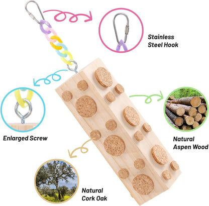 2 Pcs Wooden Bird Chew Toys - 7.9 Inch Hanging Parrot Toys, with 92 Detachable Corks, Relieve Boredom & Anxiety, Foraging Toys, for Parakeet, Cockatiel, Conure, Budgie, Lovebird, African Grey Parrot
