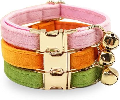 Personalized Colorful Velvet Cat Collar, Optional Bowtie, Custom Engraved Collar for Small Large Cat Kitten (Light Gold Buckle)