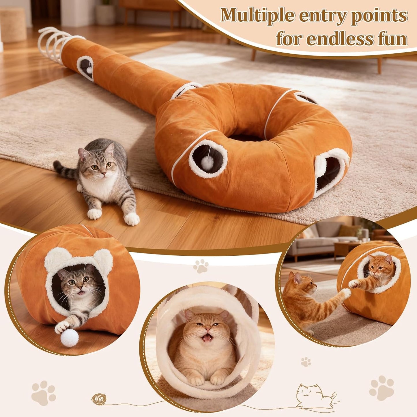 Ownpets 2-in-1 Cat Tunnel Bed, Lollipop Shape Large Cat Tunnel Toy, Plush Foldable Cat Cave Hideout Donut Tunnel for Kitten Rabbit Ferret, Brown