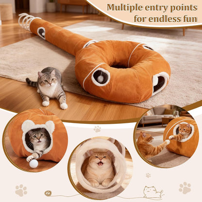 Ownpets 2-in-1 Cat Tunnel Bed, Lollipop Shape Large Cat Tunnel Toy, Plush Foldable Cat Cave Hideout Donut Tunnel for Kitten Rabbit Ferret, Brown