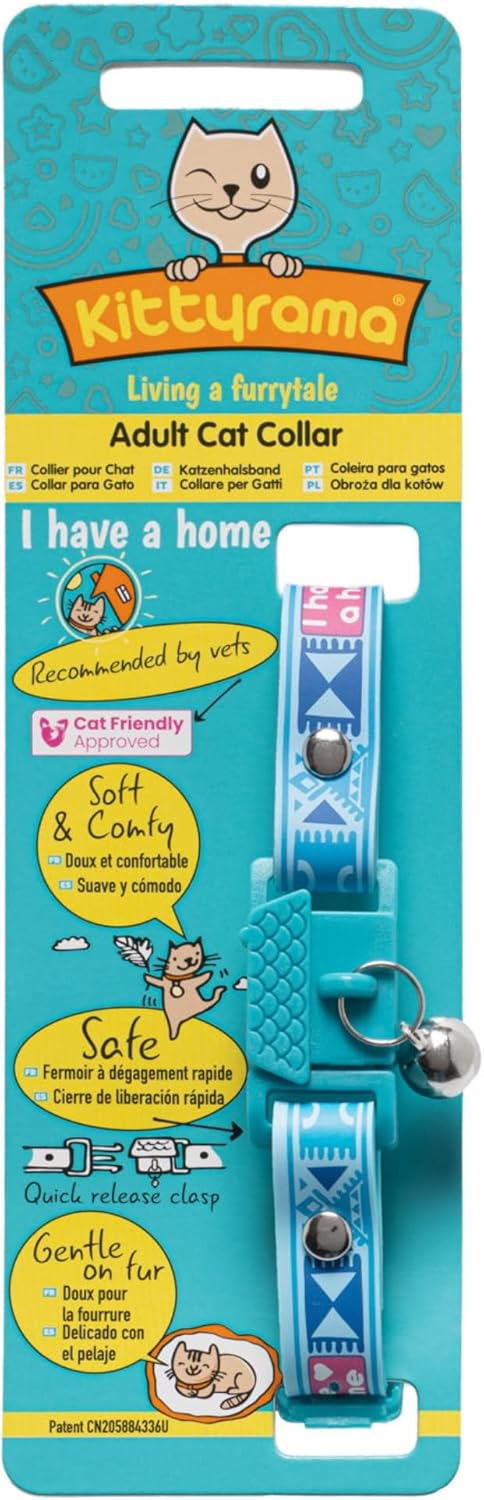 New Kittyrama -I Have A Home- Cat Collar with Bell. Breakaway, Quick Release, Hypoallergenic, Vet Approved. Lightweight Kitten Collar. As Seen in Vogue. Soft & Comfy. River