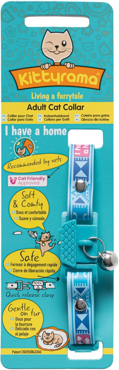 New Kittyrama -I Have A Home- Cat Collar with Bell. Breakaway, Quick Release, Hypoallergenic, Vet Approved. Lightweight Kitten Collar. As Seen in Vogue. Soft & Comfy. River