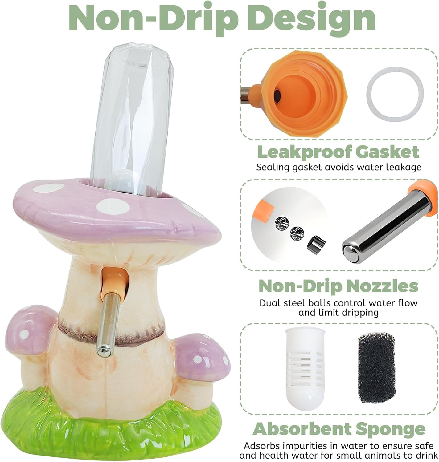 PINVNBY Mushroom Ceramic Hamster Water Bottle 80ML Automatic Gerbil Water Bottle Non Drip with Stand Vertical Hamster Water Dispenser for Guinea Pigs Gerbils Rats Mice (Purple)