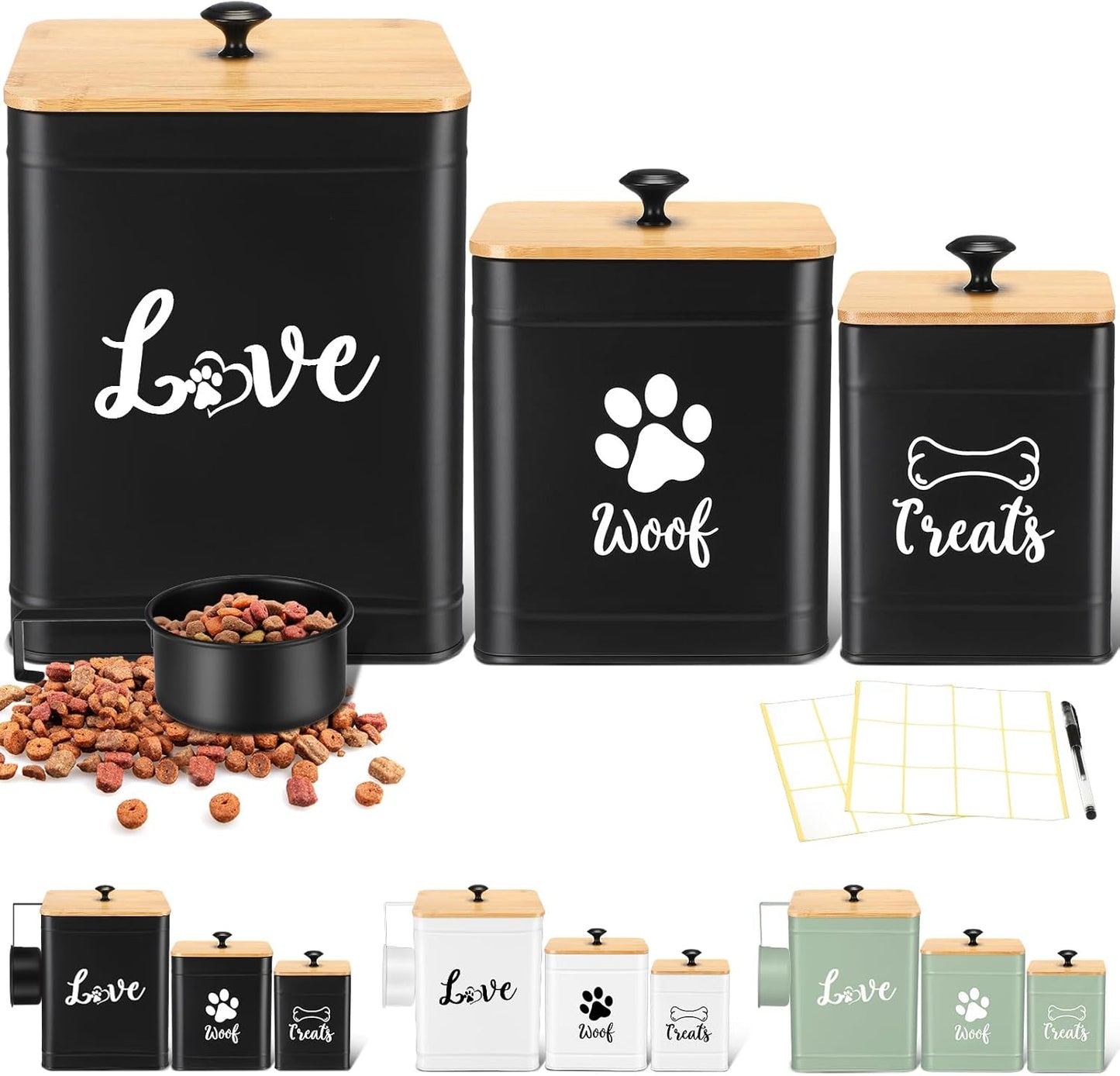Metal Dog Treat Containers Set of 3 with Bamboo Lids and Spoon Airtight 7+3+2 lbs Dog Food Snack Jars with DIY Labels Big Pet Cookie Storage Jar for Kitchen Counter(Black,Classic)