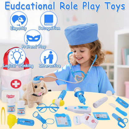 TEUVO Toy Doctor Kit for Girls, Pretend Play Doctor Set with Dog Toy, Carrying Bag, Stethoscope, Dress Up Costume, Toys Doctor Play Birthday Gift for Kids Toddlers 1 2 3 4 5 6 7 Year Old for Role Play