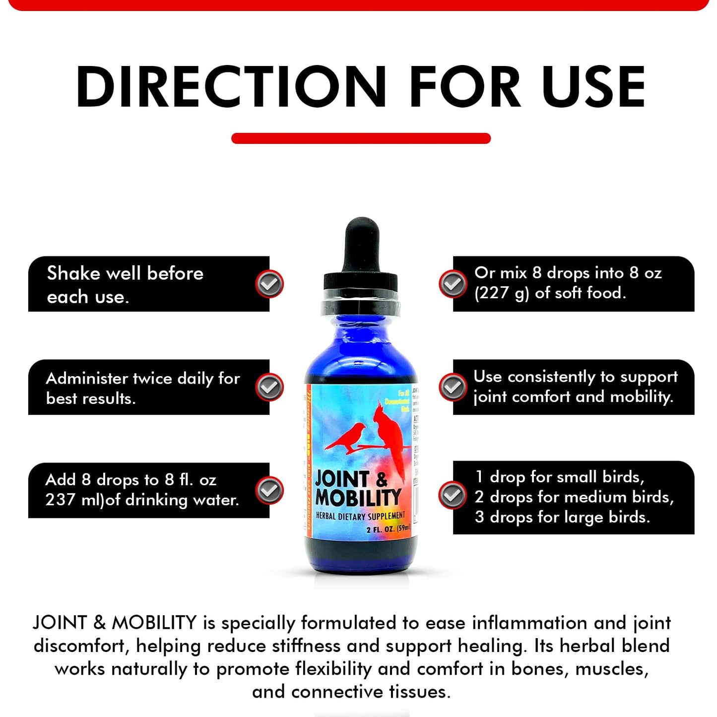 Morning Bird Joint & Mobility 2 fl oz – Muscle Pain Relief Supplement for Joint Health, Stop Pain & Arthritis Supplements – Herbal Liquid Formula for Aging, Injured, or Stressed for All Bird Types