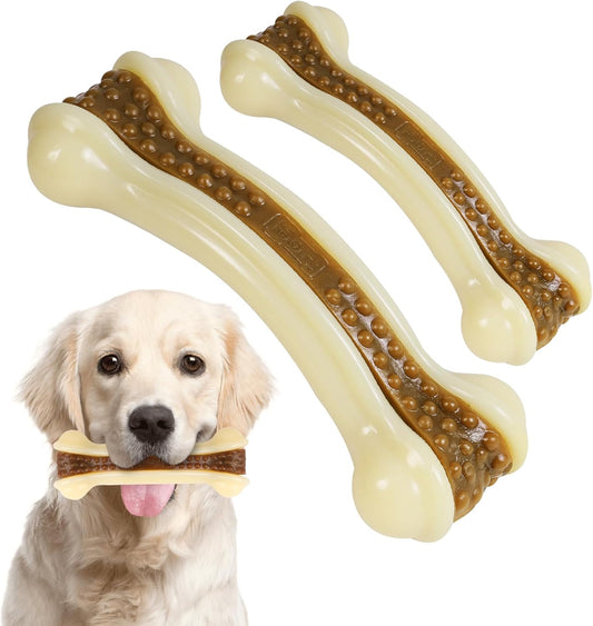 Dog Toys for Aggressive Chewers, 2 Pack Nylon Durable Dog Bones with Real Beef Flavor for Large/Medium/Small Breeds Pet Chew Toys