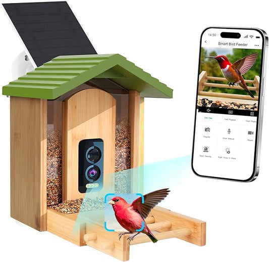 Smart Bird Feeder with Camera,Premium Bamboo Wood–2.5K UHD AI-Powered Recognition, Solar Powered & Waterproof Outdoor Wireless Design, Auto-Detects 12K Species–Ideal Gift for Bird Watching