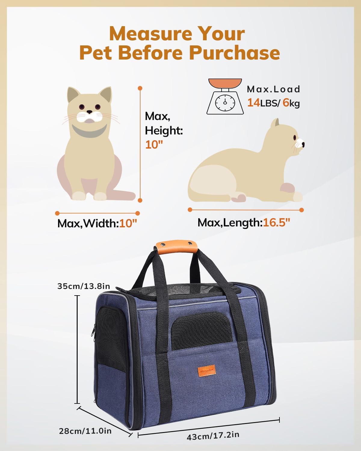 Morpilot Cat Carrier - Soft Sided Cat Carrier Large for Big Medium Cats and Puppy up to 18lbs, Pet Carrier with Safety Zippers, Foldable Bowl, Airline Approved Large Dog Carrier - Light Blue