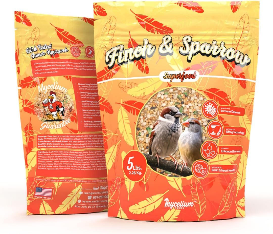 Mycelium Finch & Sparrow Superfood (5 LBS) | Organic Bird Food for Small Birds | Vitamin-Enhanced for Immunity, Brain & Heart Support | Non-GMO, Clean Ingredients, Made in USA