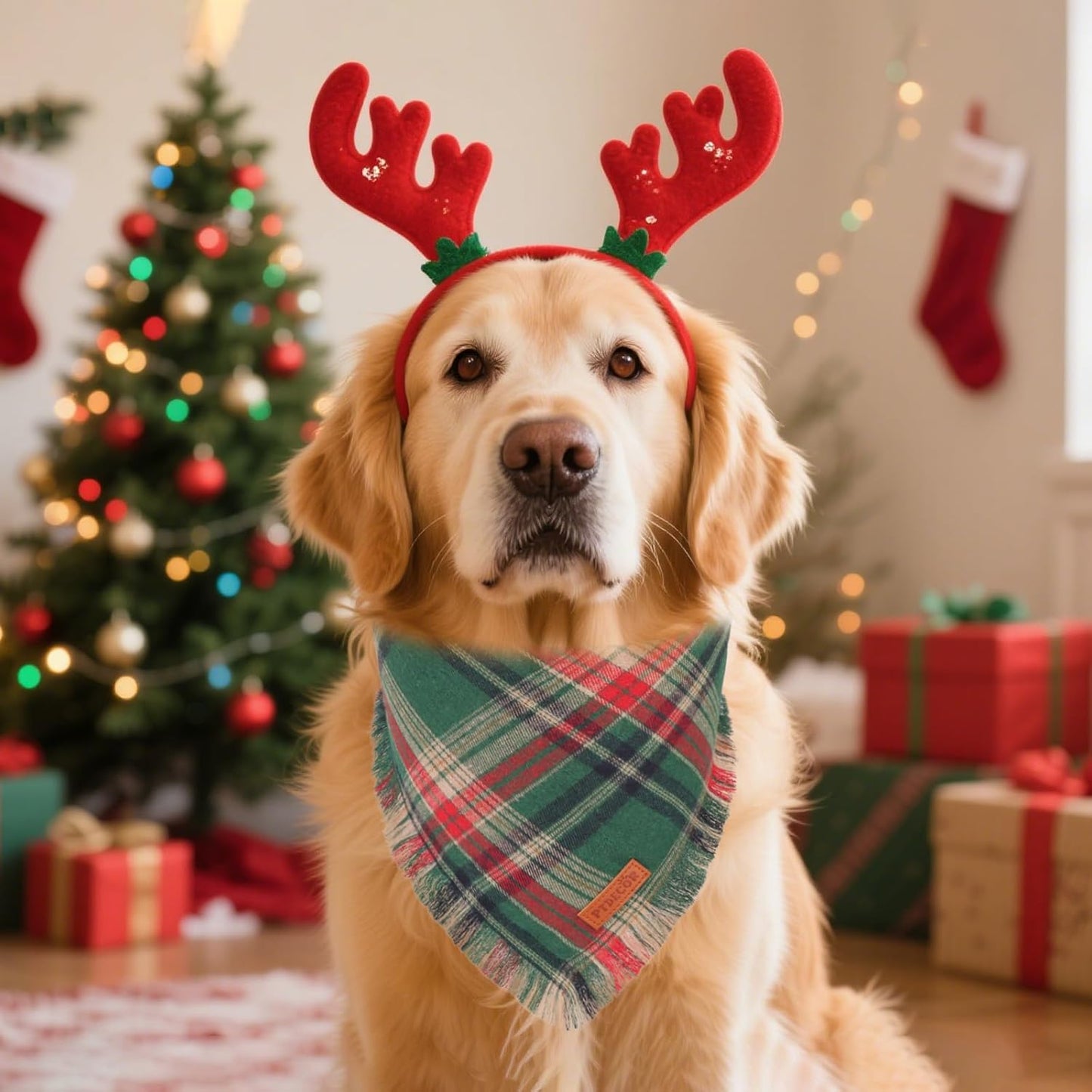 PTDECOR Christmas Dog Bandanas with Tassels Edges, 2 Pack Red Green Plaid Scarf Bib, Reversible Triangle Xmas Bandanas for Medium Large Dogs Pets (Large)