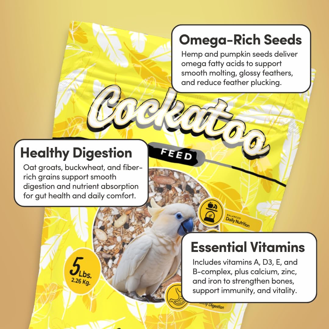 Mycelium Organic Cockatoo Bird Seed (5 LB Bag) | High-Protein Bird Food with Seeds, Pellets & Kibble | Supports Feather Health, Energy & Digestion | Non-GMO, USA-Grown