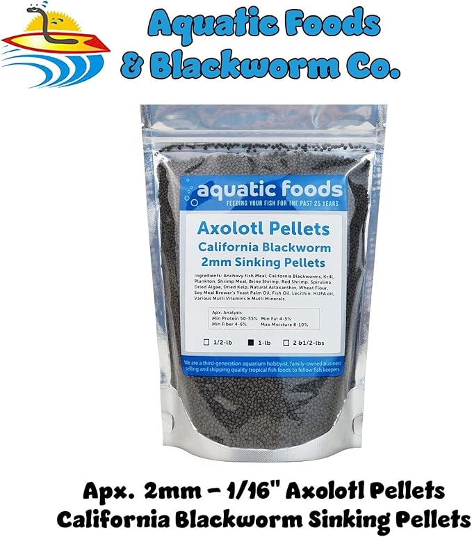 Aquatic Foods Inc. Axolotl Blackworm Pellets. 2mm-1/16 Sinking California Blackworm Small Pellets for Small Axolotl, Frogs, Shrimp, Salamanders, Newts, Snails…1-lb Pouch Bag