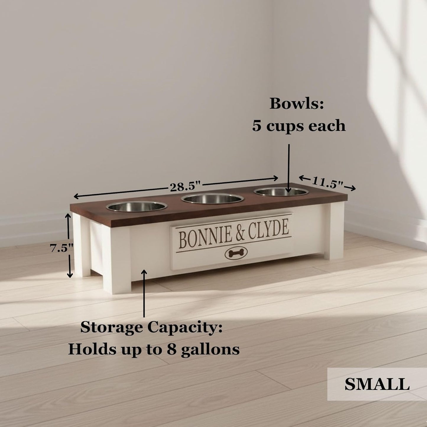 GrooveThis Woodshop - Personalized Elevated Triple Dog Bowl Stand for Large, Medium, Small, X-Small Dogs - 3 Stainless Steel Food and Water Bowls - Raised Dog Dish with Internal Storage (Small, Grey)