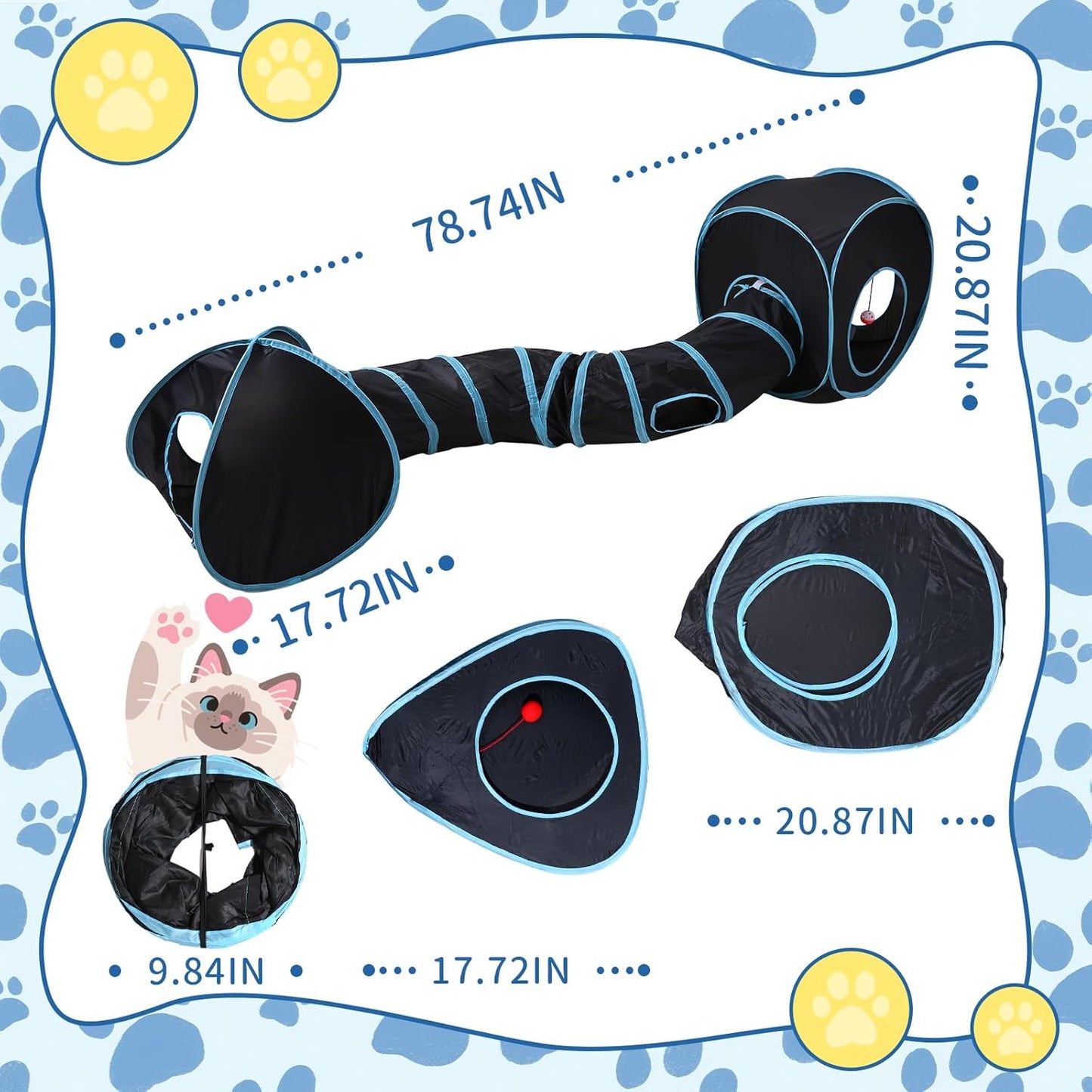 Pet Cat Tunnel, Tunnel Tent Set Tunnels for Indoor Cats, Collapsible Pet Tunnel for Kitten, Puppy, Rabbit, 25cm-Wide Tunnels, Durable & Breathable, with Peek Hole Toy Ball