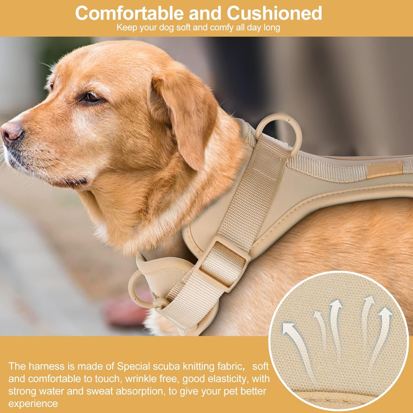 No Pull Lightweight Dog Harness: Adjustable Durable Breathable Mesh Pet Vest Harness with Soft & Comfortable Cushion, for Small Medium Large Dogs (L, Sand Color)
