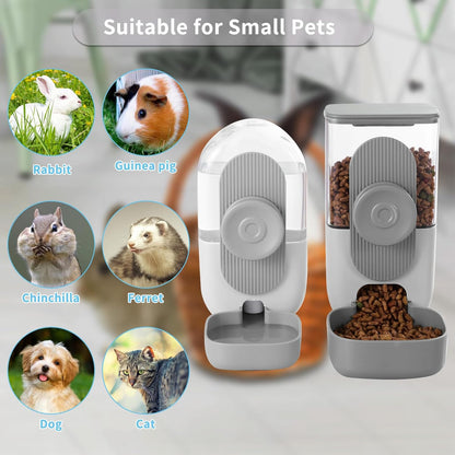 Hanging Automatic Rabbit Feeder for Cage,Dog Cat Food and Water Dispenser,Rabbit Water Bottle Guinea Pig Food Bowl Set,Gravity Feeder for Cats Dogs (Gray)