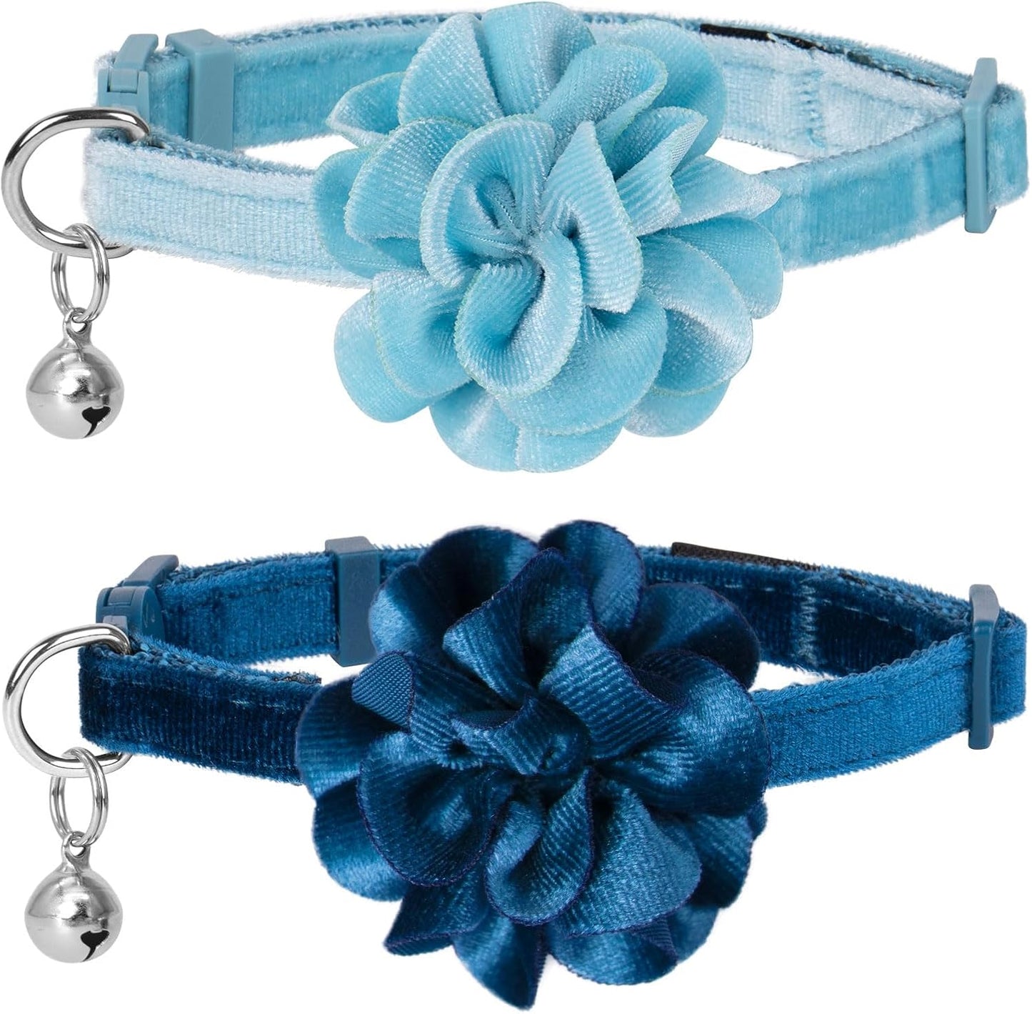 azuza 2 Pack Cat Collar Floral with Bell and Removable Flower Bowtie Breakaway Adjustable Velvet Fabric Cat Collar for Pets and Daily Decoration，Blue & Royal Blue