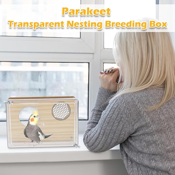Bird Nesting Box for Window,Transparent Parakeet Nest Breeding Box Parrot Breeding Mating Box Bird Nest Box House Cage Accessories with Wood Perch for Parakeet Budgie Conure Parrot