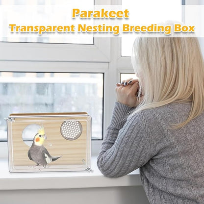 Bird Nesting Box for Window,Transparent Parakeet Nest Breeding Box Parrot Breeding Mating Box Bird Nest Box House Cage Accessories with Wood Perch for Parakeet Budgie Conure Parrot