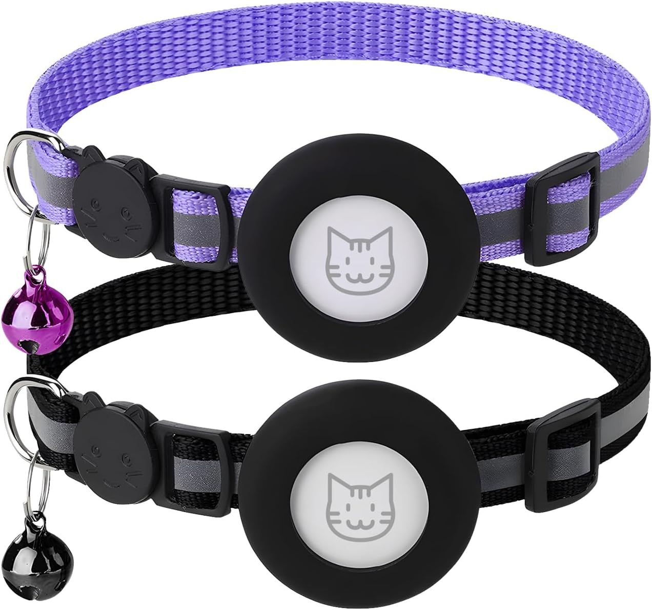 2 Pack Airtag Cat Collar with Bell, Reflective Nylon Kitten Collar with Apple Air Tag Holder and Breakaway Safety Buckle for Puppy Girl Boy Cats, 3/8" in Width and Lightweight, Black/Purple