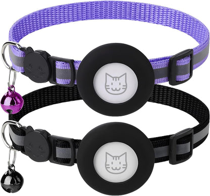 2 Pack Airtag Cat Collar with Bell, Reflective Nylon Kitten Collar with Apple Air Tag Holder and Breakaway Safety Buckle for Puppy Girl Boy Cats, 3/8" in Width and Lightweight, Black/Purple