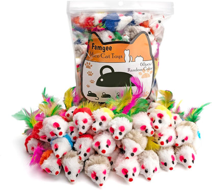 60 PCS Furry Cat Toys Squeak Mouse Rattle Mice Cat Catcher Pet Toys with Feather Tails (Random Color)