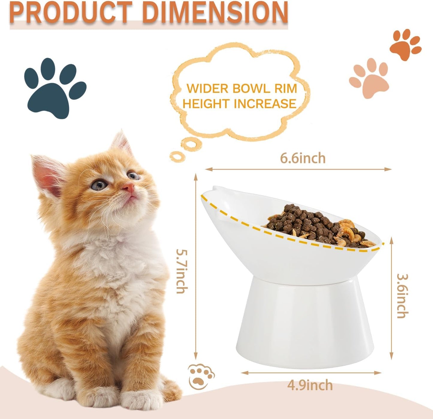 Detachable Elevated Cat Bowls, 15° Tilted Raised Cat Food Bowl Anti-Vomiting, Whisker Friendly, Adjustable Pet cat Dishes for Protecting Spine, Adult Kitten (White)
