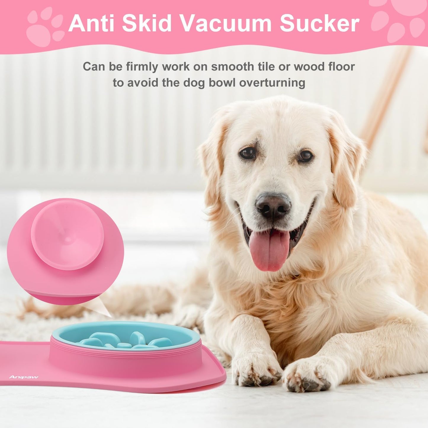 Slow Feeder Dog Bowls 3 in 1 Stainless Steel Dog Food and Water Bowls with Non-Spill Non-Skid Silicone Mat to Slow Down Eating for Large Medium Small Breed Size Dogs and Cats (Pink Blue)