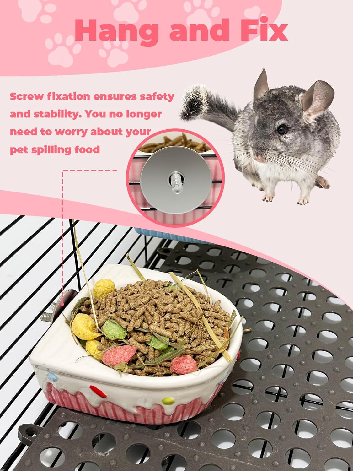 Chinchilla Food Bowl Ceramic Guinea Pig Cage Feeder Hanging Bunny Food Dish Small Animal Feeding Bowls for Syrian Hamster Ferret Gerbils (Pink)