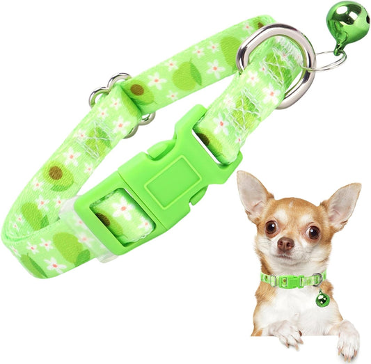 XS Dog Collar with Bell- Durable Nylon Collar for Small Breeds,Adjustable Cute Fruit Pattern Collar for Chihuahua Pomeranian Yorkie, Heavy-Duty for Active Puppie（Avocado S）