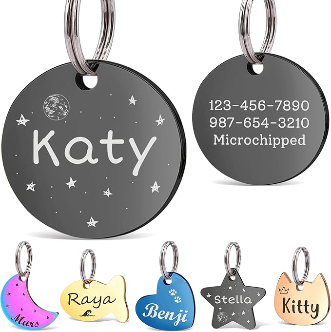 Anavia Small Size Dog Cat ID Tags, Small/XS Personalized Color Plated Stainless Steel Puppy Kitten Name Tags, Customized Engraved Nameplate Pet Collar Tag (Black, Round)