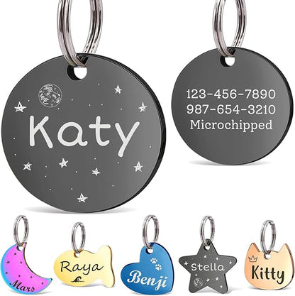 Anavia Small Size Dog Cat ID Tags, Small/XS Personalized Color Plated Stainless Steel Puppy Kitten Name Tags, Customized Engraved Nameplate Pet Collar Tag (Black, Round)