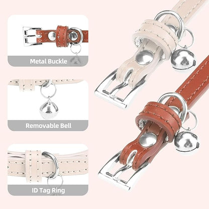 PUPTECK 2 PCS Soft Genuine Leather Cat Kitten Collar with Bells Adjustable for Girl Boy Cats Puppy - Cream, Brown