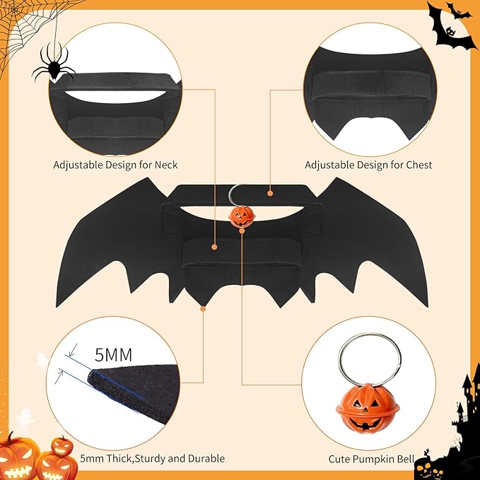 Cat Halloween Costume, Small Dog Halloween Costumes - Bat Wing with Pumpkin Bell for Pet Halloween Cosplay Party Dress Up Accessories (Large)